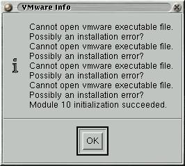 Cannot open vmware executable file.  Possibly an installation error?